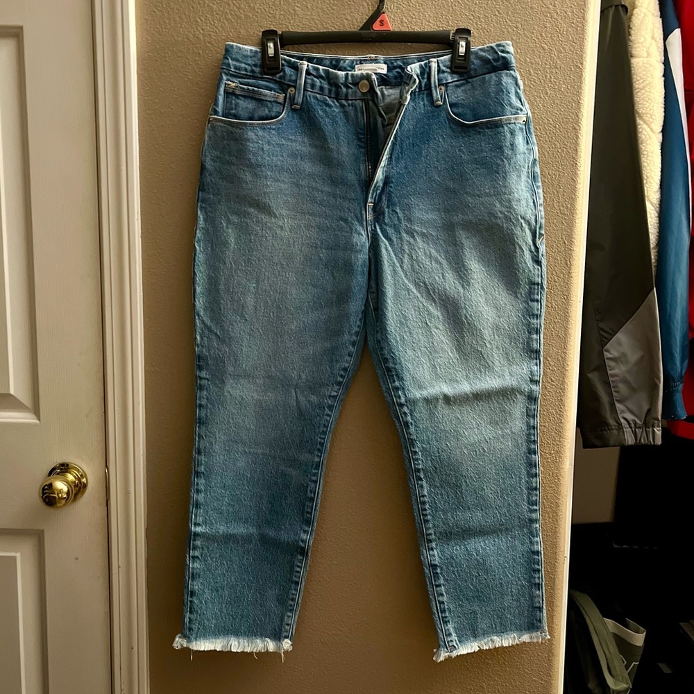 Good American Blue Straight Leg Jeans with Raw Hem